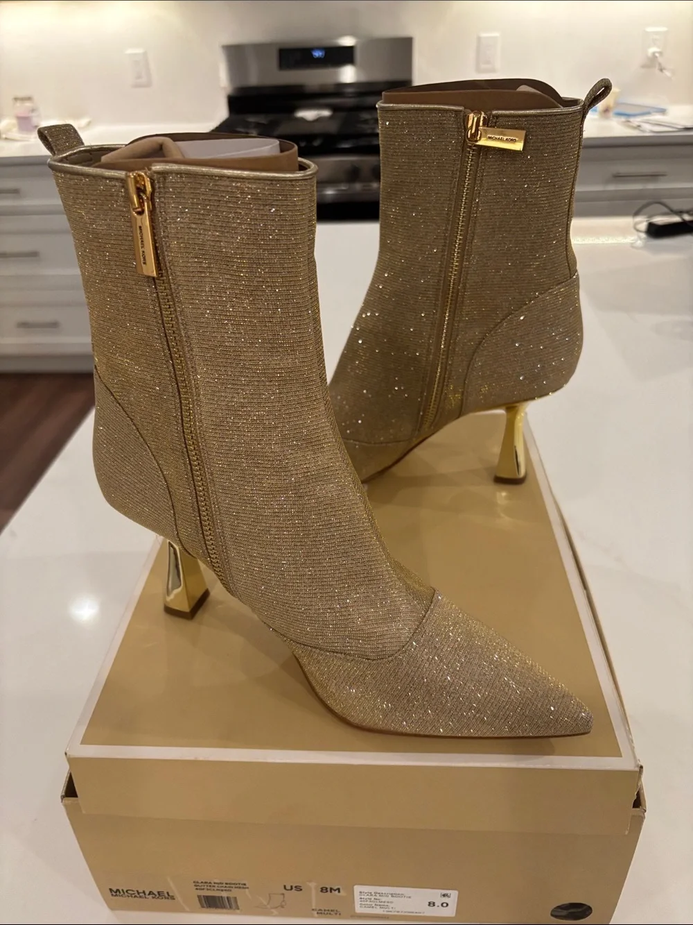 Michael Kors Camel Glitter Pointed-Toe Ankle Booties with Gold Heel